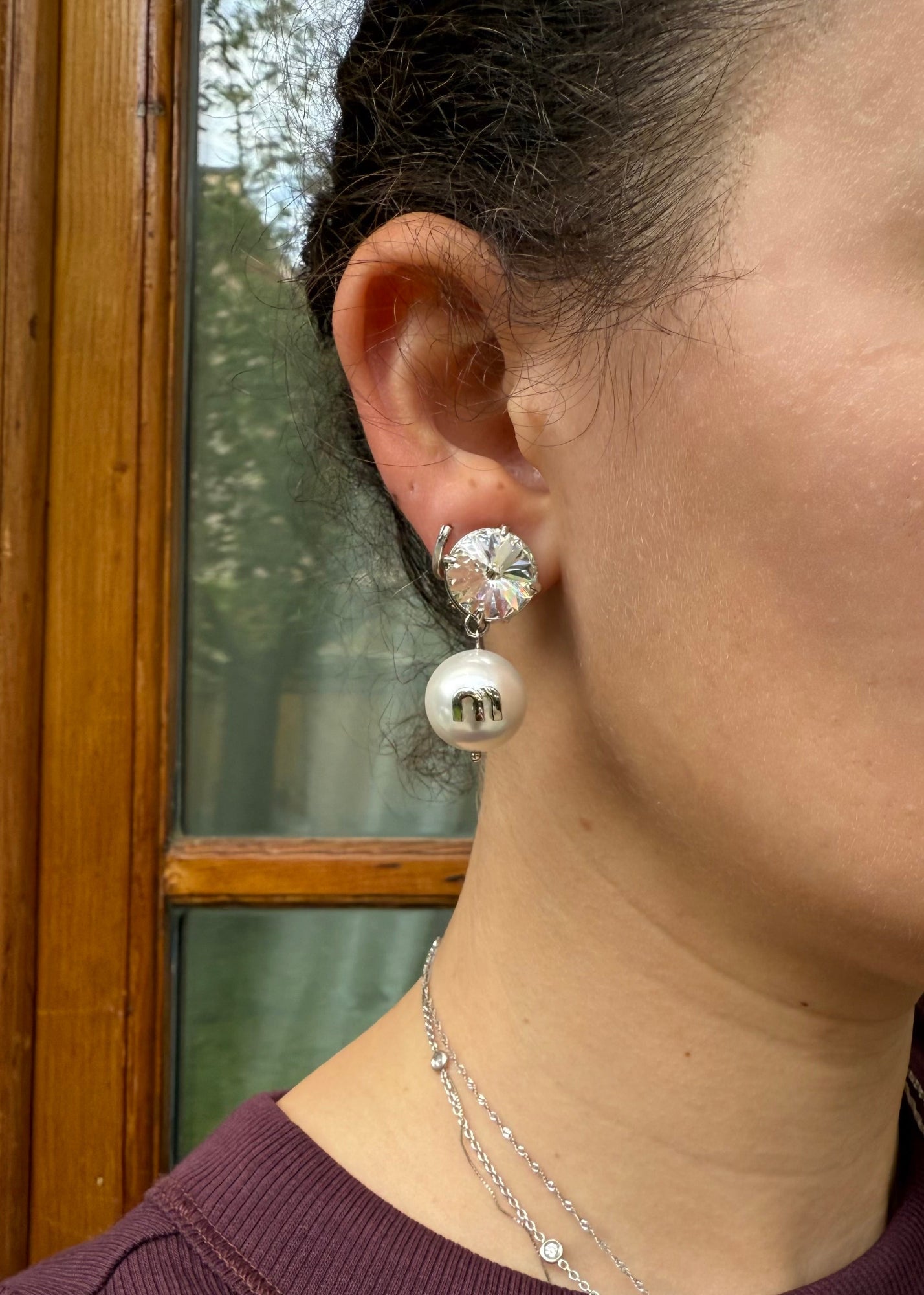 Miu Miu Orecchini Clip Argento e Perle a Goccia