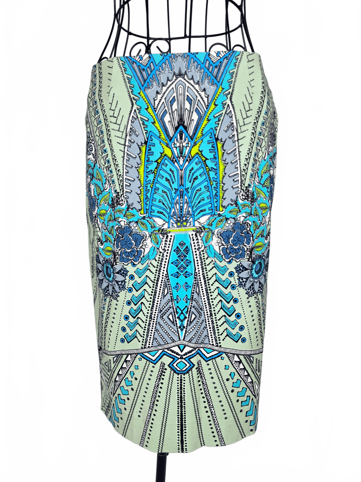 Roberto Cavalli Gonna a Tubino Motivo Geometrico e Floreale Celeste - Pally Vintage Closet