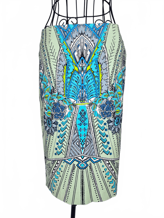 Roberto Cavalli Gonna a Tubino Motivo Geometrico e Floreale Celeste - Pally Vintage Closet