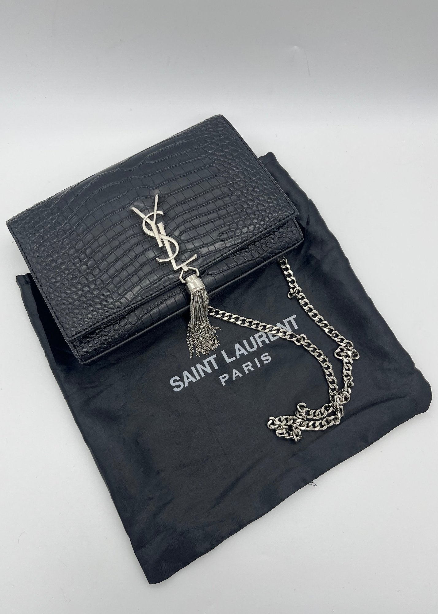 Saint Laurent Borsa Pom Pom Kate Stampa Cocco con Tracolla Nera