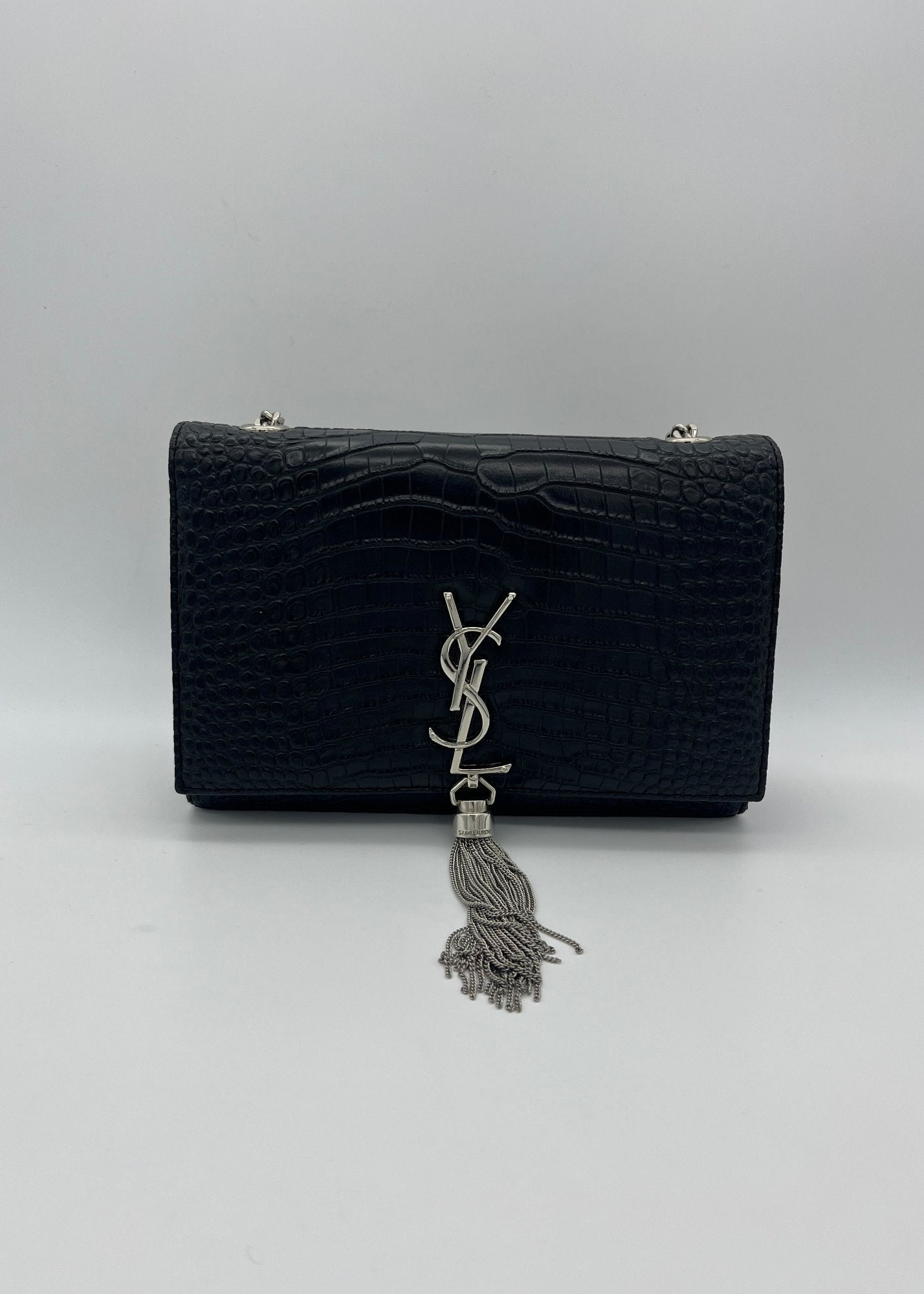 Saint Laurent Borsa Pom Pom Kate Stampa Cocco con Tracolla Nera